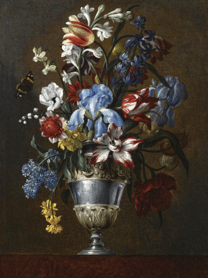 ₴ Репродукція натюрморт від 257 грн.: Тюльпани, нарциси. лілії та інші квіти в багатоприкрашеній вазі на виступі