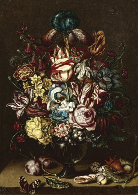 ₴ Репродукція натюрморт від 204 грн.: Букет квітів у скляній вазі, черепашки, метелики та ящірка