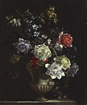 ₴ Репродукция натюрморт от 232 грн.: Утренняя слава, хризантемы, гвоздики и другие цветы в античной вазе