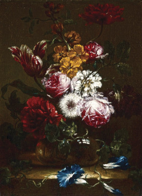 ₴ Репродукция натюрморт от 200 грн.: Розы, тюльпаны, вьюнок и другие цветы в вазе