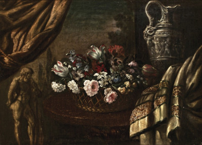 ₴ Репродукція натюрморт від 301 грн.: Квіти, глечик та скульптура Геркулеса