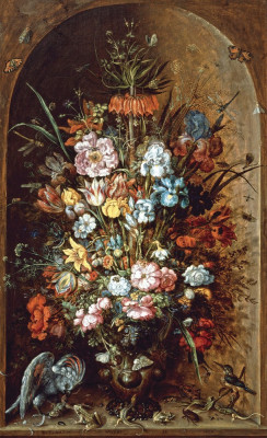 ₴ Репродукція натюрморт від 172 грн.: Квіти в ніші з рептиліями, метеликами і папугою