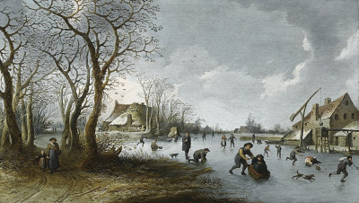 ₴ Репродукція пейзаж від 187 грн.: Замерзла річка з чоловіком, який катає дружину на санчатах