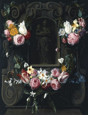 ₴ Репродукція натюрморт від 247 грн.: Зв'язанні квіти, що прикрашають картуш з Мадонною та дитиною