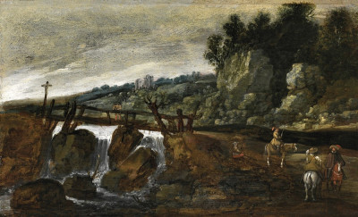 ₴ Репродукція краєвид від 199 грн.: Краєвид з кавалеристами біля мосту над водоспадом