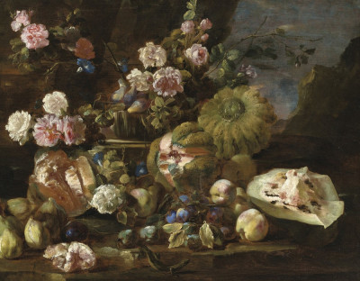 ₴ Репродукція натюрморт від 247 грн.: Дині, персики та троянди у пейзажі