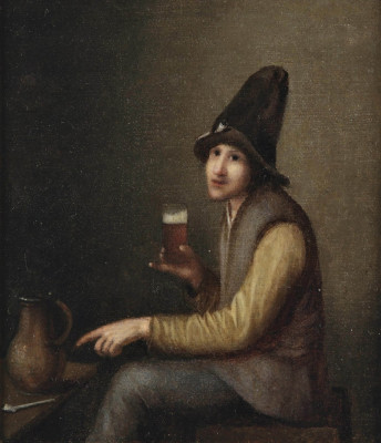₴ Репродукція побутовий жанр від 335 грн.: Молода людина тримає склянку пива, трубки і глечик на столі