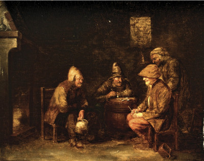 ₴ Репродукція побутовий жанр від 372 грн.: Інтер'єр із чотирма селянами курять і п'ють біля каміна