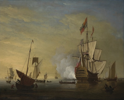 ⚓Репродукція морський краєвид від 253 грн.: Сцена гавані, англійський корабель з опущеними вітрилами, стріляючий з гармати