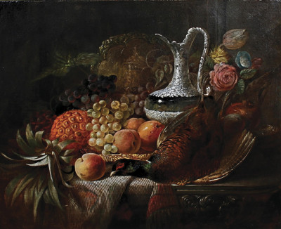 ₴ Репродукція натюрморт від 259 грн.: Виноград, яблука, персики, троянди, срібний глечик та фазан на столі
