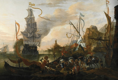 ⚓Репродукція морський краєвид від 223 грн.: Левантин гавань з галером і бойовим кораблем, що йде на якір, разом з безліччю фігур на березі