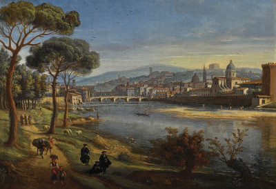 ₴ Картина міський пейзаж художника від 175 грн.: Флоренція, вид на місто з Касціни з річкою Арно, міст Санта-Трініта і мостом Понте-Веккьо