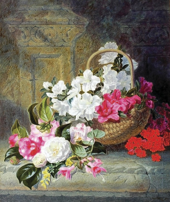 ₴ Репродукція натюрморт від 198 грн.: Білі та рожеві троянди та інші квіти, розсипані з кошика на кам'яному виступі