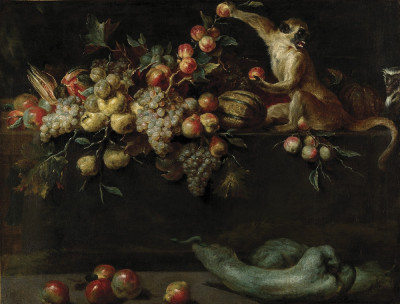 ₴ Репродукція натюрморт від 317 грн.: Натюрморт з фруктами та овочами та двома мавпами