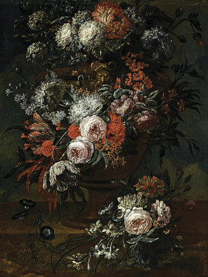 ₴ Репродукція натюрморт від 256 грн.: Ранкова слава, троянди, папуга тюльпани, хризантеми та інші квіти у кам'яній вазі, на кам'яному виступі