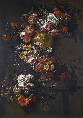 ₴ Репродукція натюрморт від 204 грн.: Троянди, тюльпани, гвоздики, ромашки та інші квіти у кам'яній вазі на п'єдесталі