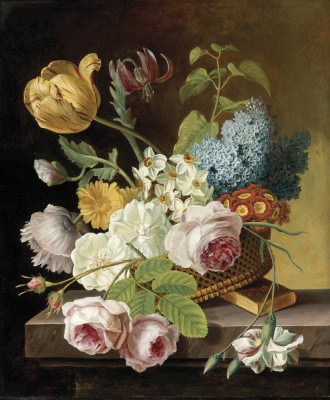 ₴ Репродукция натюрморт от 232 грн.: Розы, тюльпаны, нарциссы и другие цветы в корзине на выступе