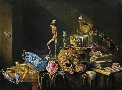 ₴ Репродукція натюрморт від 309 грн.: Ванітас з черепом та екорше на драпірованому столі