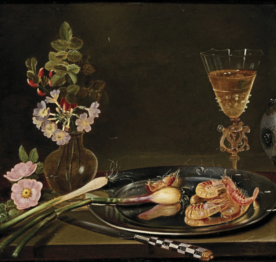 ₴ Репродукція натюрморт від 295 грн.: Натюрморт з креветками, ніж, квіти у скляній вазі