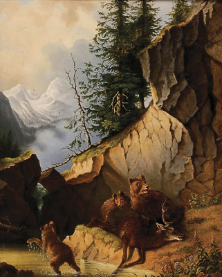 Картина бытовой жанр известного художника от 200 грн.: Медвежья семья с оленем