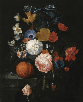 ₴ Репродукція натюрморт від 312 грн.: Троянди, нарциси, дзвіночки та інші квіти на кам'яній полиці з апельсином, ожиною та два метелики