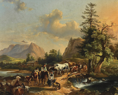 Картина бытовой жанр известного художника от 209 грн.: Урожайная сцена в предгорьях Альп