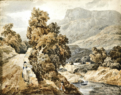 ₴ Репродукція краєвид від 247 грн.: Рибалка та дві дами в гірському ландшафті