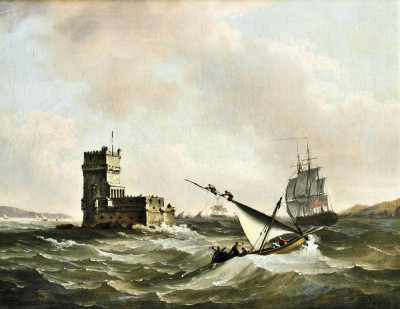 ⚓Репродукція морський краєвид від 325 грн.: Англійський фрегат у неспокійних водах Тежу, що проходить повз вежу Белем