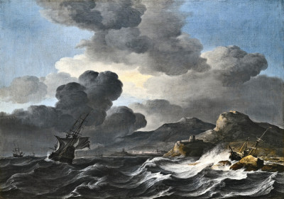 ⚓Репродукція морський краєвид від 229 грн.: Прибережний краєвид з трищоглового судна в шторм