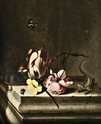 ₴ Репродукція натюрморт від 240 грн.: Тюльпан-папуга, рожева троянда, миша, ящірка та бджола на кам'яному п'єдесталі, з червоним адміралом та павуком на його павутині