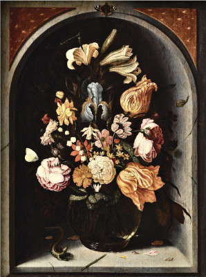 Купити натюрморт художника від 257 грн.: Тюльпани, лілії, мохові троянди, ірис та інші квіти у скляній вазі у мармуровій ніші, з метеликами та ящіркою