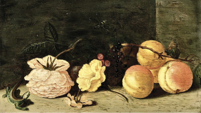 ₴ Репродукція натюрморт від 246 грн.: Персики, троянди, червоні та чорні ягоди