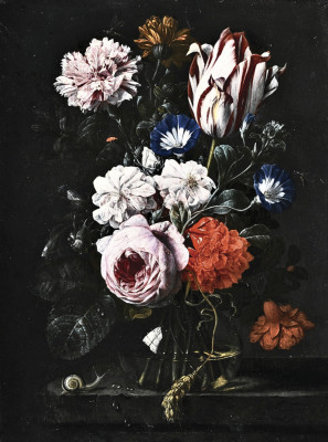 ₴ Репродукция натюрморт от 288 грн.: Тюльпан, роза, гвоздика и другие цветы в стеклянной вазе на каменном выступе