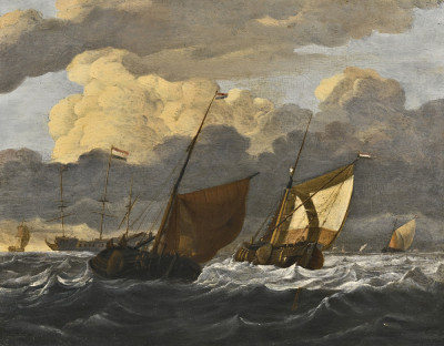 ⚓Репродукция морской пейзаж от 261 грн.: Кааг и малое судно в неспокойном море, голландское китобойное судно на якоре