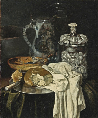 ₴ Картина натюрморт відомого художника від 232 грн.: Пивний кухоль, келих для вина, срібна посудина та хліб на олов'яній тарілці, з іншими предметами на столі з драпіруванням