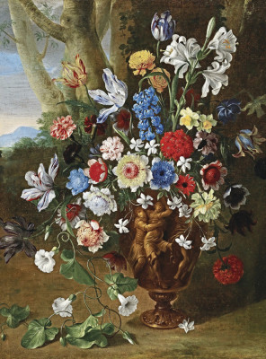 ₴ Репродукція натюрморт від 257 грн.: Квіти у скульптурній вазі на тлі пейзажу