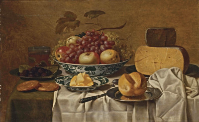 ₴ Репродукція натюрморт від 204 грн.: Яблука, виноград, ожина, сири, масло та хліб у фарфоровому та срібному посуді на драпірованому столі