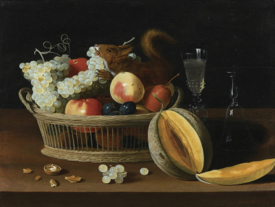 ₴ Репродукція натюрморт від 241 грн.: Кошик фруктів та білка, венеціанське скло, нарізана диня на столі