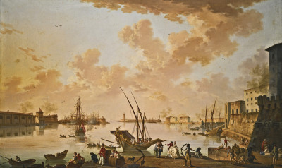 ⚓Репродукція морський краєвид від 235 грн.: Вид Чивітавек'я, "Порт Риму", з човнами в гавані і фігури на причалі