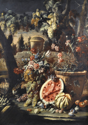 Репродукція натюрморт від 204 грн.: Гвоздики в теракотовому горщику з виноградом, кавуном та іншими фруктами у пейзажі