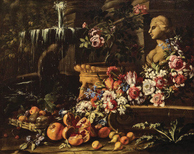 Репродукція натюрморт від 253 грн.: Натюрморт з квітами, фруктами та фонтанами