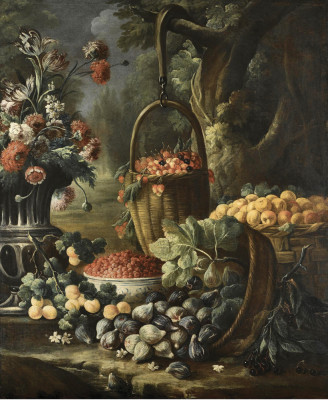 ₴ Репродукція натюрморт від 237 грн.: Перевернутий кошик з фігами, абрикосами та іншими фруктами та квітами у пейзажному оточенні