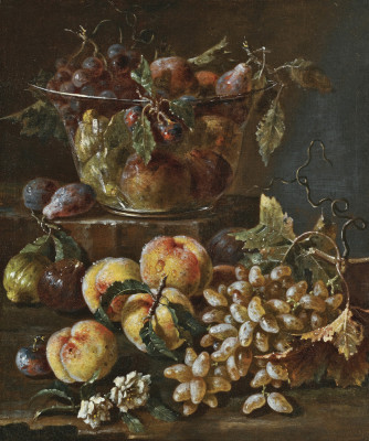 ₴ Репродукция натюрморт от 306 грн.: Персики, виноград, сливы и цветы