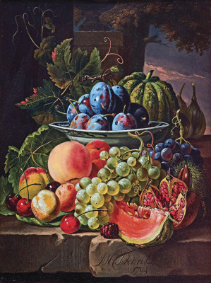 ₴ Репродукція натюрморт від 257 грн.: Виноград, сливи, диня, гранат, вишня та персики