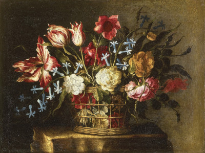 ₴ Репродукція натюрморт від 253 грн.: Тюльпани, дзвіночки та інші квіти у кошику на кам'яному постаменті