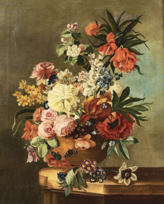 ₴ Репродукція натюрморт від 312 грн.: Квіти у теракотовій вазі на виступі