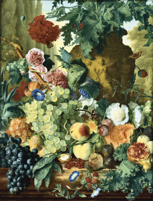 ₴ Репродукція натюрморт від 331 грн.: Фрукти та квіти перед садовою вазою з маками та рядами кипарисів