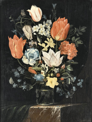 ₴ Репродукція натюрморт від 196 грн.: Тюльпани, незабудки, гвоздика та інші квіти у вазі на мармуровому виступі