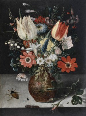 ₴ Репродукція натюрморт від 196 грн.: Квіти в керамічній вазі на кам'яному виступі з гусеницями та комахами