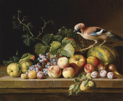 ₴ Репродукція натюрморт від 259 грн.: Дині, яблука, персики, сливи, фіги, виноград та лоза на кам'яному виступі із сойкою та папугою